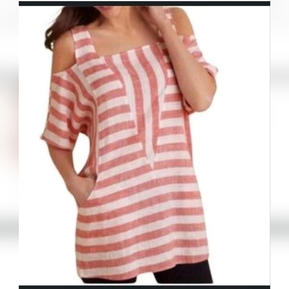 Soft Surroundings Tops - Soft Surroundings Women Linen  Blend Top XS Cold Shoulder Striped Casual